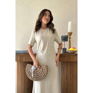 Robe plissée beige à col rond, coupe ample, en tissu tissé respirant, pour usage quotidien, décontractée, taille naturelle - Product Image 4