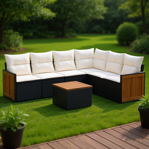 Ensemble de canapés de jardin modulaires en rotin PE noir 6 places, résistant aux intempéries, mobilier d'extérieur au design contemporain avec panneaux en teck - Product Image 2