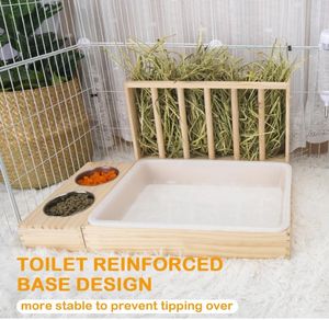 Râtelier à foin pour petits animaux Mangeoire à foin en bois pour lapin avec bac à litière Mangeoire pour cochon d'inde écologique Bols arrondis pour toilettes - Product Image 5