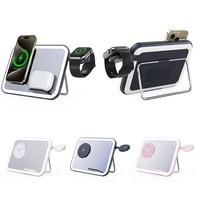 Station de charge sans fil 3 en 1, miroir de maquillage LED pliable, support de lumière nocturne, adapté pour téléphone 15W avec prise PD 30W