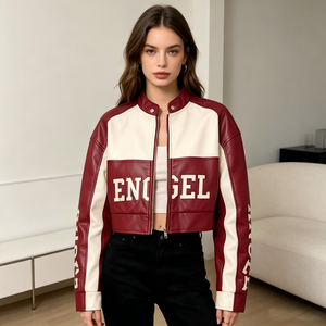 <span class=keywords><strong>Blouson</strong></span> Moto Court Personnalisé pour <span class=keywords><strong>Femme</strong></span> avec Lettrage et Blocs de Couleurs, Style Streetwear en Similicuir, <span class=keywords><strong>Blouson</strong></span> Bomber Court Entièrement Zippé - Product Image 1