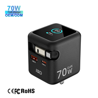 Chargeur Rapide Mural Portable IBD 70 W avec Écran TFT Rétractable Gan, USB Type C PD3.0 PPS 2C1A, Fiche Pliable US EU AU UK KC JP