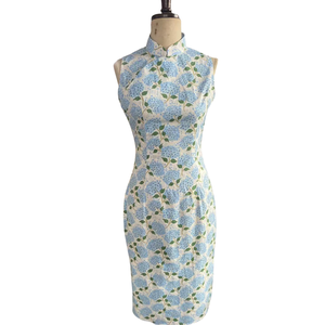 Vestido Cheongsam de algodón chino de gama alta para mujer, nuevo estampado de hortensias azules calientes, estilo de película de Hong Kong <span class=keywords><strong>Qipao</strong></span> - Product Image 4