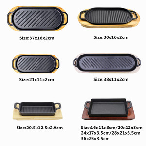 OEM ODM铸铁炊具煎锅烹饪牛排板铸铁烤锅铁板木质底座 - Product Image 5