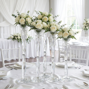 Candélabre haut de gamme contemporain en cristal transparent argenté, fait main, imprimé UV, pour décoration de réception de <span class=keywords><strong>mariage</strong></span>, centre de table, porte-bougie - Product Image 1