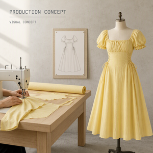 Abito Elegante <span class=keywords><strong>da</strong></span> <span class=keywords><strong>Donna</strong></span> Giallo con Scollo Quadrato, Maniche a Sbuffo, Corpetto Aderente e Gonna Midi Svasata con Laccio Laterale per l'Estate e le Serate Romantiche - Product Image 2