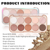 Palette de maquillage MISS ROSE Professional, texture fine, longue tenue, 18g, effet scintillant, illuminateur, contouring.