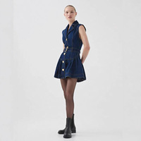 Robe midi décontractée rétro en denim uni sans manches, nouvelle collection automne/hiver 2025, vêtements pour femmes, col à revers, ceinture, bouton simple
