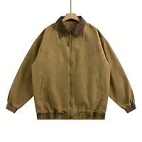Blouson Bomber en Toile Lavée Style Vintage Personnalisé, Col en Velours Côtelé, Vert Olive, Fermeture Éclair, Décontracté, Résistant à l'Eau et au Vent