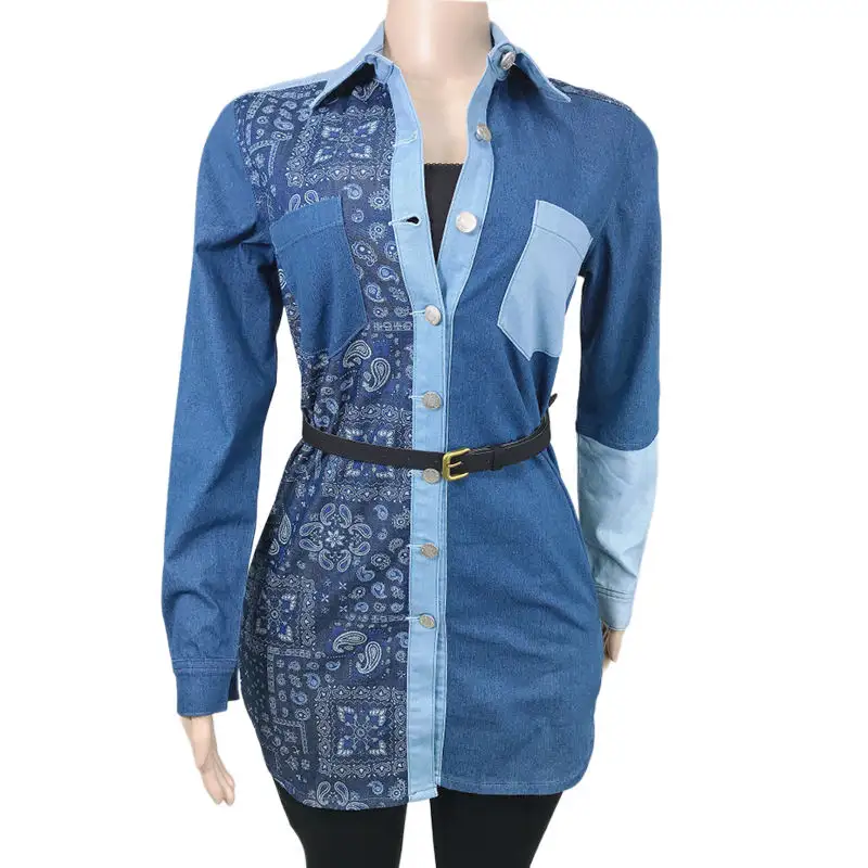 Elegante encanto señoras estilo casual vestido camisa blusa primavera y otoño contrastado mujer Denim Stand Natural OEM servicio tejido