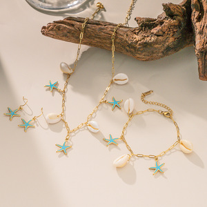 Parure bijoux en acier inoxydable plaqué or style marin Parure étoile de mer Pendentif coquillage Collier Bracelet Boucles d'oreilles - Product Image 1