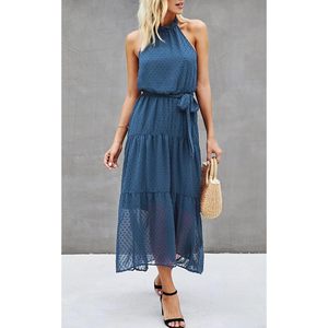 Women Halter Neck Long Maxi Dress Loose Chiffon Sleeveless Backless With <b>Belt</b> Casual Summer Sundress <b>Elastic</b> Waist - Product Image 4
