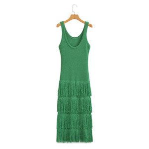 High Quality Summer Sleeveless Tank Top Solid Color Hem Tassel Knitted halter <strong>Dress</strong> - Product Image 3