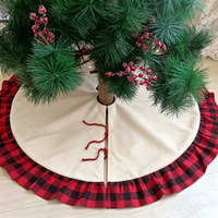 Jupe de sapin de Noël en polyester et lin uni, à volants et franges, double couche en toile de jute avec franges en coton à carreaux