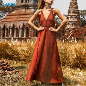 2024 été personnalisé femme Satin Maxi robe de plage bohème dos nu lin Wrap avec sans manches décontracté pour la fête - Product Image 1