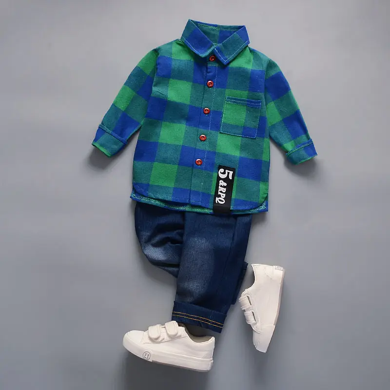 2022 Boys Sets Child Clothing Plaid Shirt And Pants Set Boy Kids 2pcs Cotton Turn-collar Letter Patchwork Suit For Kids