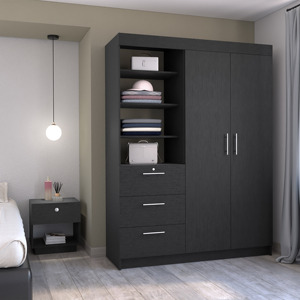 Ensemble de chambre à coucher 2 pièces Peyton : Armoire et table de chevet noires avec tiroirs et étagères pour le rangement - Product Image 3