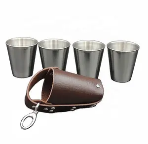 Mini Unbreakable Cups Set 4pcs Drinking Vessel Stainless Steel Shot Glasses 75ml Cup Travel Metal Shot Glass with PU Leather Bag