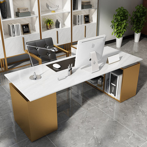 Escritorio plegable de piedra de mármol falso, mesa de oficina de tamaño pequeño con estantes - Product Image 6