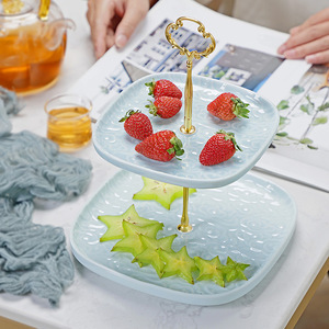 Plato de cerámica de doble capa para frutas, cuadrado, con soporte, estilo chino moderno, para servir en el hogar, bodas, té y bocadillos. - Product Image 1