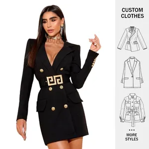 Fashion Trend Turn Down Collar Gold Button Design Ladies Formal Jacket Dress Wholesale Women Blazers Trajes De Mujer Con Falda