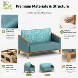 Canapé d'attente moderne en cuir PU avec pieds en bois de frêne massif, chaise de réception médicale facile à nettoyer, mobilier pour espaces publics - Product Image 2