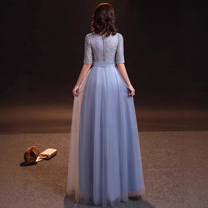 Women's Long Grayish Blue A-Line Evening Gown V-Neck Empire Waistline With <b>Bow</b> Tie For Choir Performances - Product Image 4