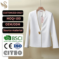 Blazer blanc personnalisé à un bouton, col en V, manches longues, coupe ajustée, veste de bureau OEM
