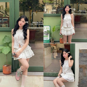 Polyester <b>Chiffon</b> Bib Set With Bow x Flare <b>Skirt</b> Sample Available Sweet Style Sleeveless Daily Wear 2 Piece Shorts Set - Product Image 6