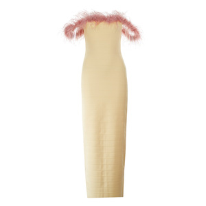 Robes de Demoiselle d'Honneur Élégantes sans Bretelles, Robes de Soirée de Mariage Bandage, Robes de Cérémonie Quinceañera avec Col en Plumes Élégant Jaune pour Invitées - Product Image 6