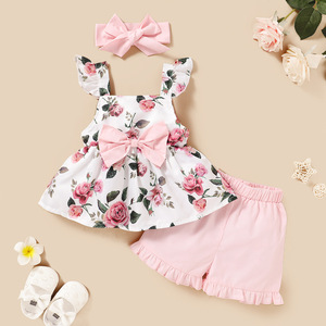 Vêtements d'été sexy pour femmes, vêtements de princesse à fleurs pastel, ensembles de pantalons courts pour filles avec nœud rose - Product Image 3