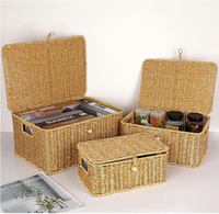Panier de rangement en plastique tressé rectangulaire multi-usages, écologique, fait main, 3 pièces, avec couvercle et poignée, décoration d'intérieur, style nordique