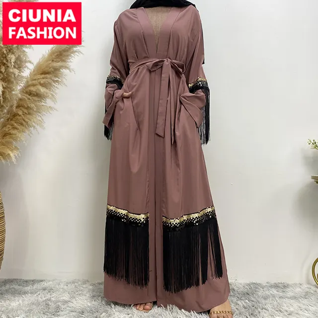 1795# Hot Sale Modest Abaya Fashion Sequin Ethnic Beaded Tassel Dress Islamic Clothing Muslim Women Dubai Kaftan Caftan Abaya