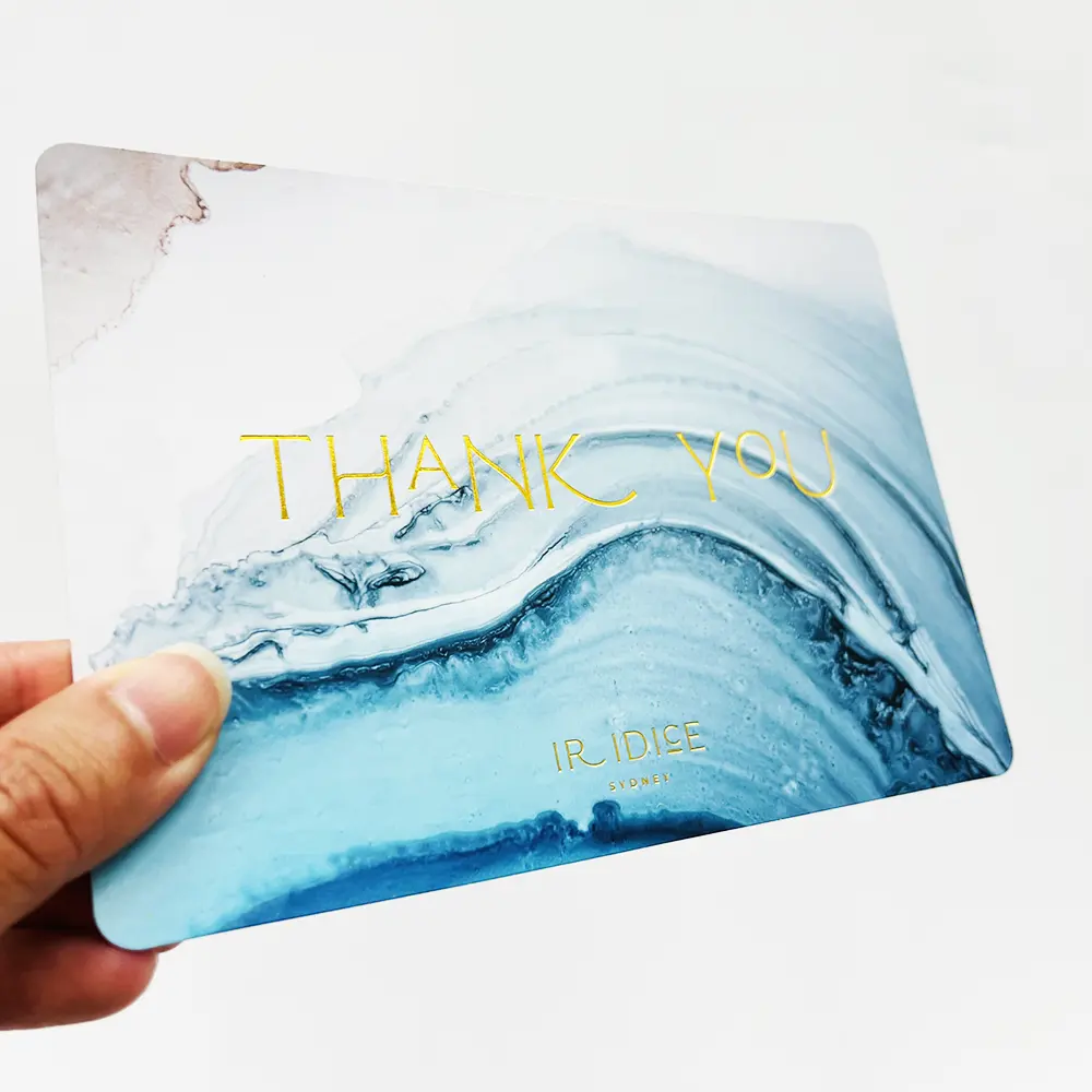 250 300 350 gsm beschichtetes Papier benutzerdefinierter Druck Kunstpapier Karte Goldfolie Vielen Dank Postkarten für Geschäft