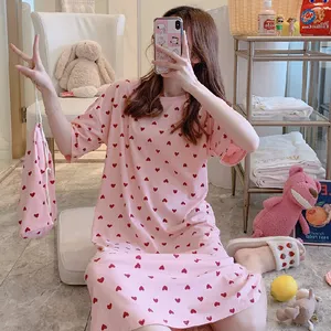 Wholesale pajamas 3xl-Wholesale Summer Sweet And Cute Nightdress With Cloth Bags Female Summer Short Sleeved Cartoons Pajamas Sleepwear Nightgown 3XL