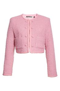 Chaqueta de manga larga con bolsillos y cuello redondo para mujer, Chaqueta corta con doble botonadura personalizada, color <span class=keywords><strong>rosa</strong></span> - Product Image 5
