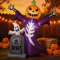 Décoration de jardin gonflable d'Halloween de 1,80 m avec tête de citrouille, squelette lumineux à LED, pierre tombale et accessoires de fête pour cimetière