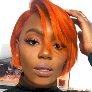 Peluca de <span class=keywords><strong>Cabello</strong></span> Humano Remy Chino Naranja Jengibre para Mujer, Corta <span class=keywords><strong>con</strong></span> Parte Lateral y Encaje HD - Product Image 6