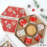 Set Cangkir Espresso Porselen Natal 6 Buah dengan Tatakan Kayu Kotak Hadiah Heksagonal Motif Meriah Cangkir Teh Hadiah Liburan Rumah