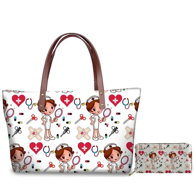 Hot Sale Nurse Hospital Doctor Pattern Damen Trendy Geldbörsen und Handtaschen 2Pcs Großhandel Damen Taschen Handtasche Günstige Damen Handtaschen