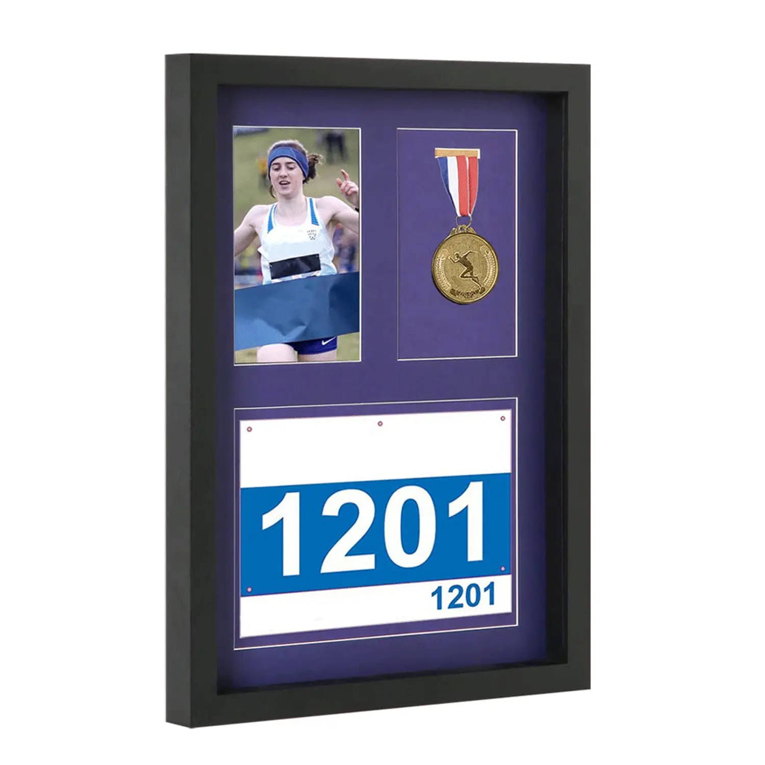Caja de sombras A3 para medallas, Baberos de carreras y fotos con 3 alfombrillas, marco de fotos de exhibición de medallas grandes para corredores de maratón y todos los deportes