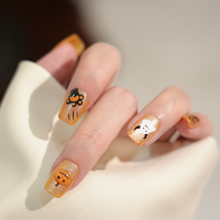 Ongles à presser en amande, motif œil de chat, fantôme et citrouille d'Halloween, dessin animé, couverture complète