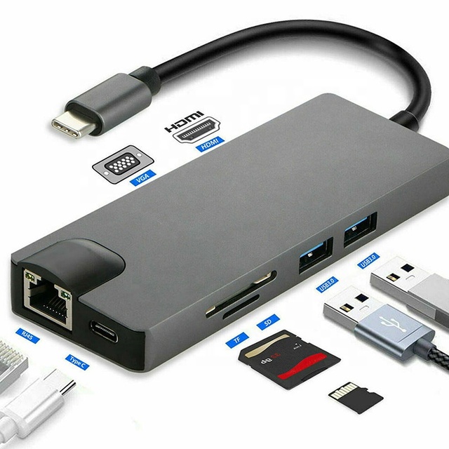 8-In-1 USB C Hub Type-C Type C 3.1 to 4K HDMI HDTV RJ45 Lan Ethernet PD USB3.0 Adapter Hub 8 in 1 with RJ45 Gigabit Ethernet
