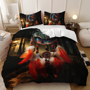 Ensemble <span class=keywords><strong>de</strong></span> housse <span class=keywords><strong>de</strong></span> <span class=keywords><strong>couette</strong></span> pour chambre à coucher imprimé sur le thème du loup, <span class=keywords><strong>attrape</strong></span>-rêves ethnique bleu - Product Image 3