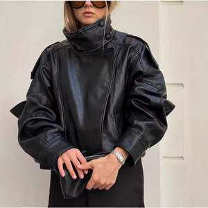 <span class=keywords><strong>Veste</strong></span> en cuir décontractée pour <span class=keywords><strong>femme</strong></span> à col montant et manches longues, style européen et américain, best-seller du commerce transfrontalier - Product Image 1