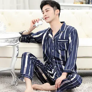 Pyjama Zijde Mannen Pyjama Nachtkleding Lounge Wear Pijamas Groothandel Lange Mouw Print Pyjama Set Voor Mannen