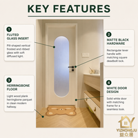 Porte intérieure/extérieure personnalisée en blanc mat avec grand panneau de verre ovale cannelé, poignée carrée noire, style postmoderne, chambre à coucher, OEM ODM
