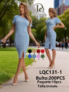 Abito tubino da donna LQC131-1 in maglia, girocollo, maniche corte, lunghezza al ginocchio, tinta unita, con bottoni, per ufficio e lavoro. - Product Image 3