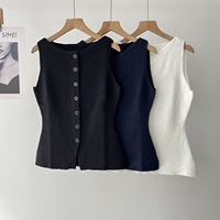 Tersedia Gambar Asli Rompi Rajut Wanita Tanpa Lengan Kerah Bulat Kancing Satu Baris, Tank Top Warna Solid Slim Fit 16a-3561