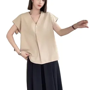 2024女式简约休闲短袖卡其色衬衫100% 棉开领开衫